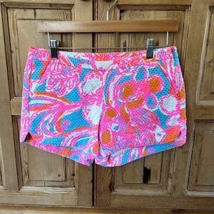 Lilly Pulitzer 0 Shorts Pink Blue White Floral Pockets‎ Zipper Mid Rise Textured